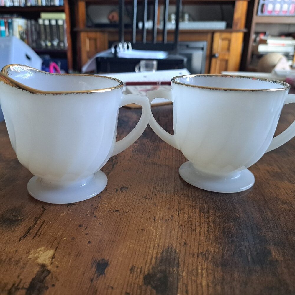 Fire King Oven Ware White Milk Glass Cream and Sugar Set with Gold Rims